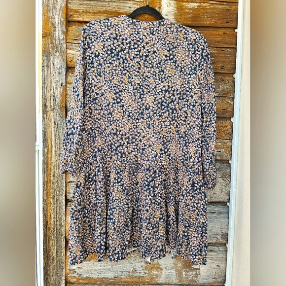 Gap Tiered Flowy Fall Blue, Green & Yellow Floral Vneck Midi Longsleeve Dress - Picture 9 of 16